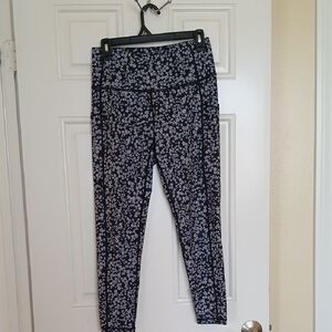 High-Waist Floral Print Women's Leggings - Navy/Grey Floral Print